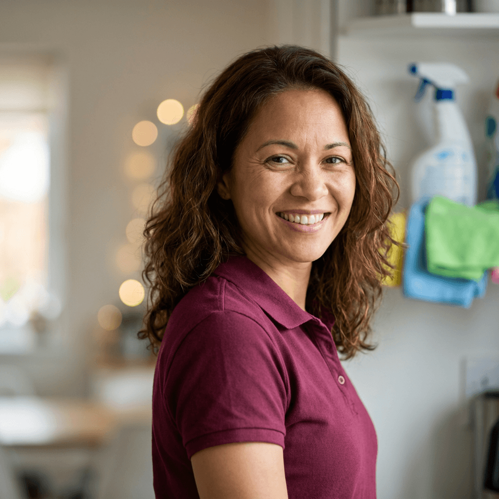 Karen Rincon smiling in a bright living room with cleaning supplies nearby