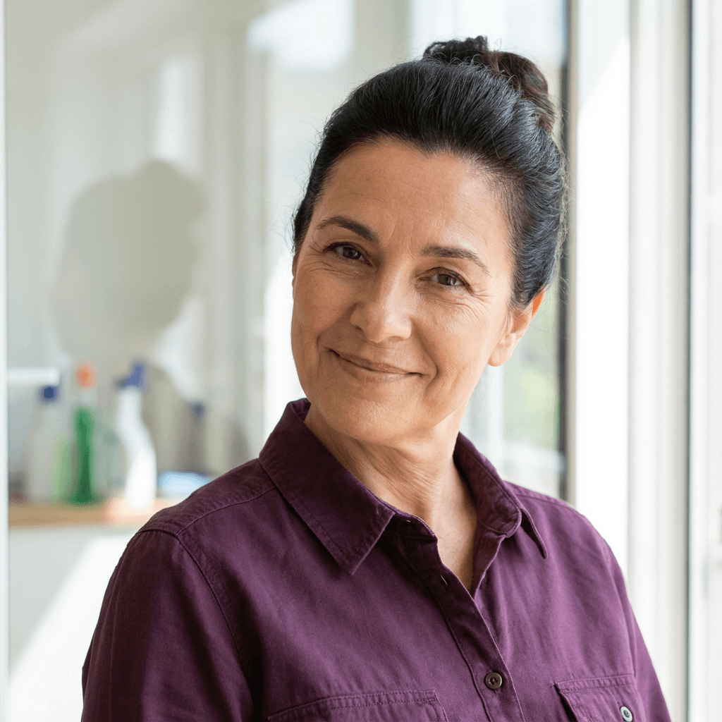 Maria Lopez wiping a kitchen counter in a home setting