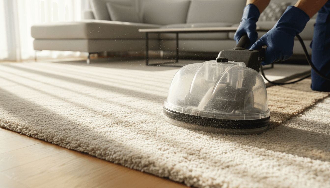 Freshly vacuumed office carpet with clean baseboards and straight vacuum lines