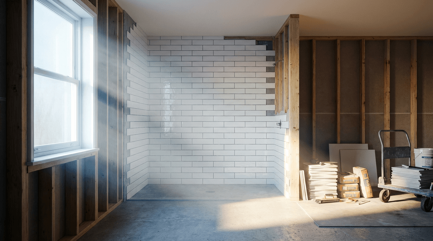 Post-construction bathroom with streak-free glass shower and shiny tiles