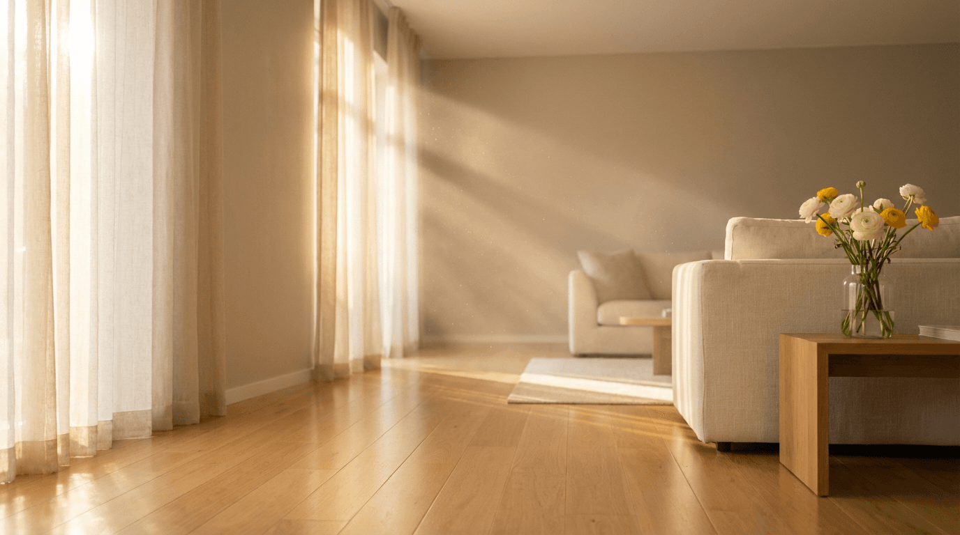 Bright, clean living room with sunlight and fresh surfaces