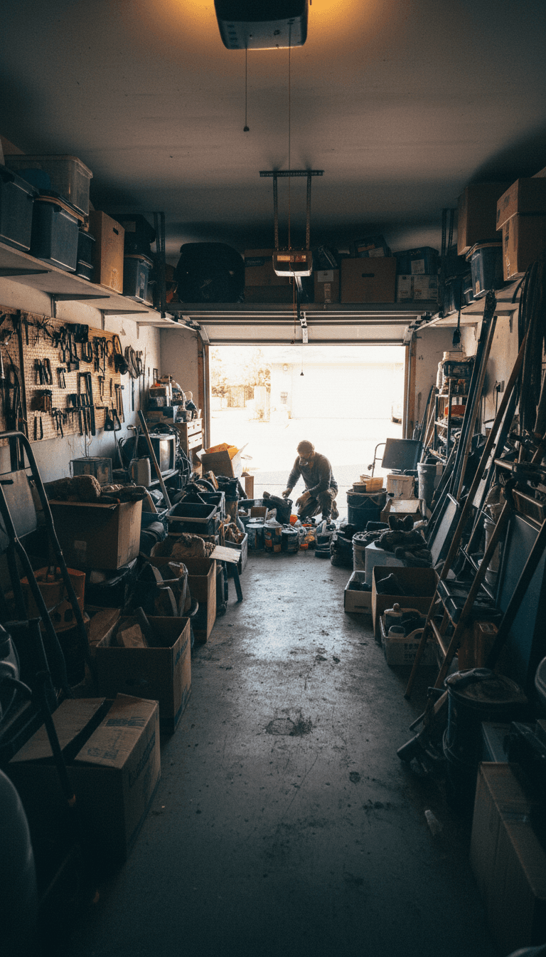 Organized garage with swept floor and neatly arranged tools after cleaning