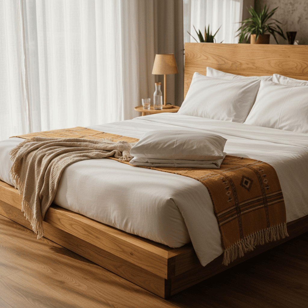 Freshly made Airbnb bedroom bed with crisp white linens after turnover cleaning