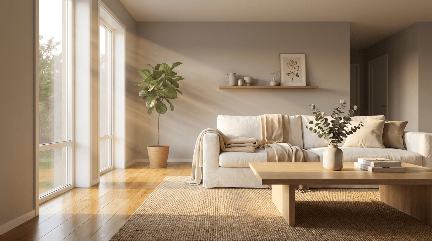 Bright modern living room being cleaned by a professional