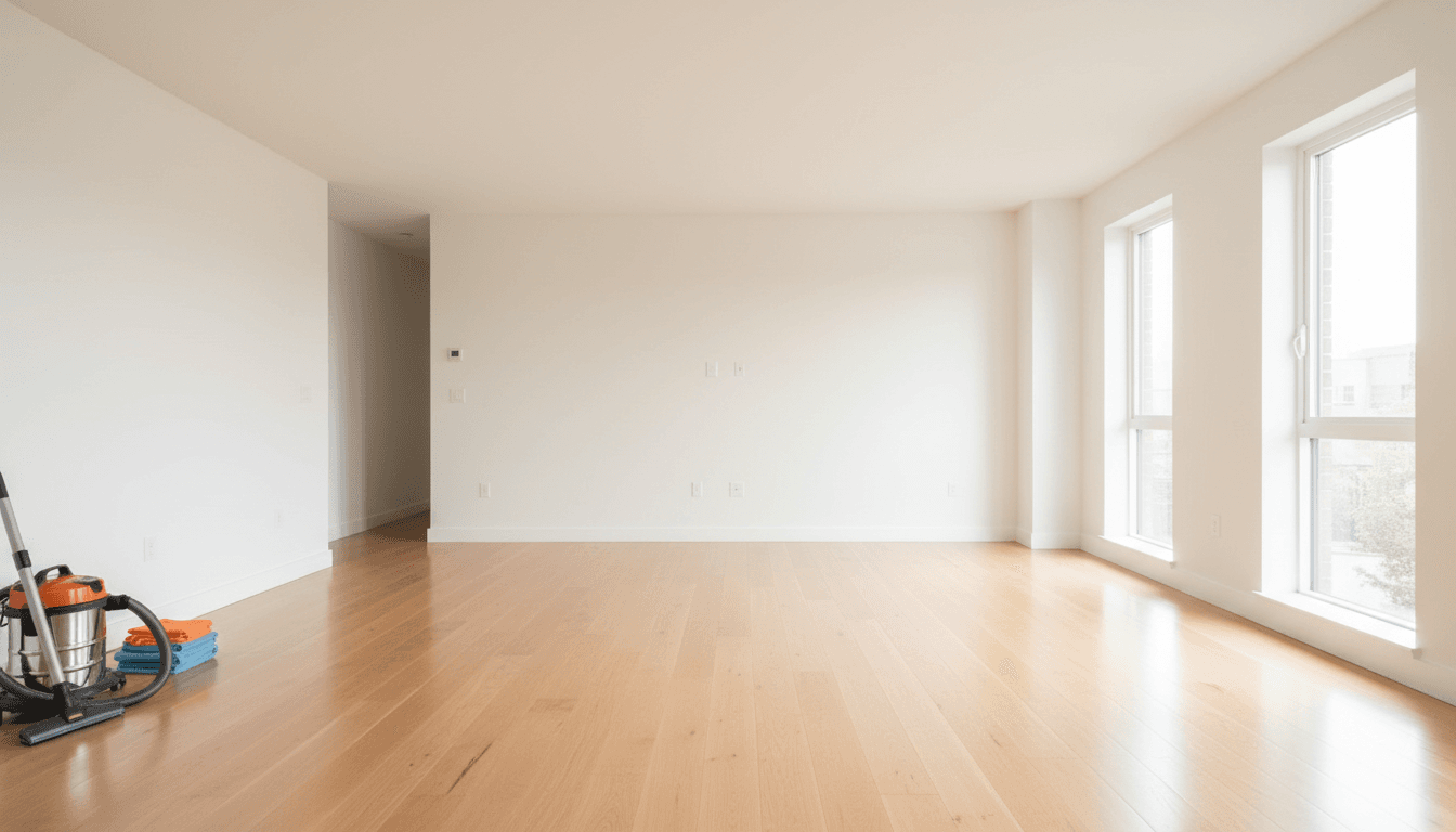 Sunlit empty living room with gleaming hardwood floors after move-out cleaning