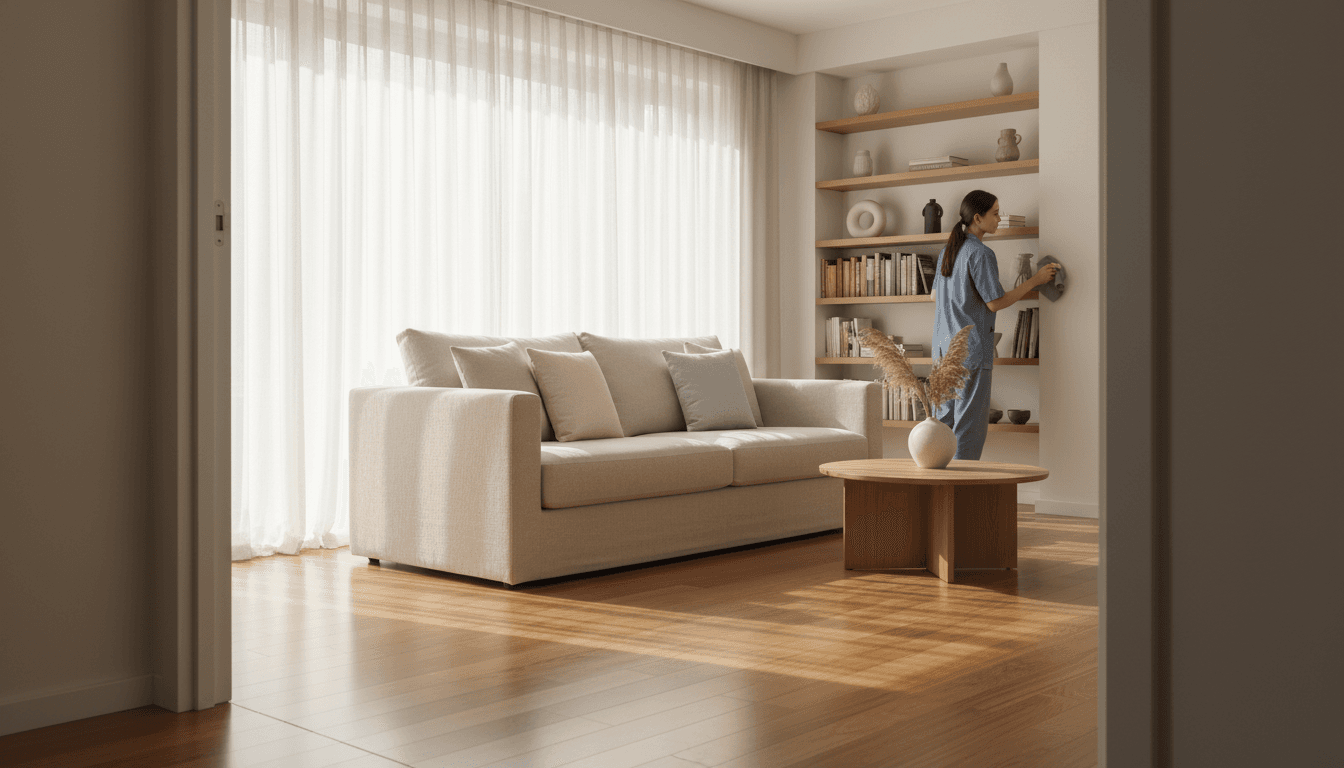 Bright living room cleaned and organized with sunlight