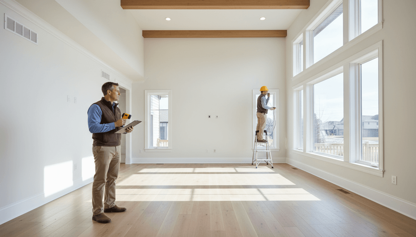 Bright clean living room with a person doing a walkthrough inspection with a clipboard